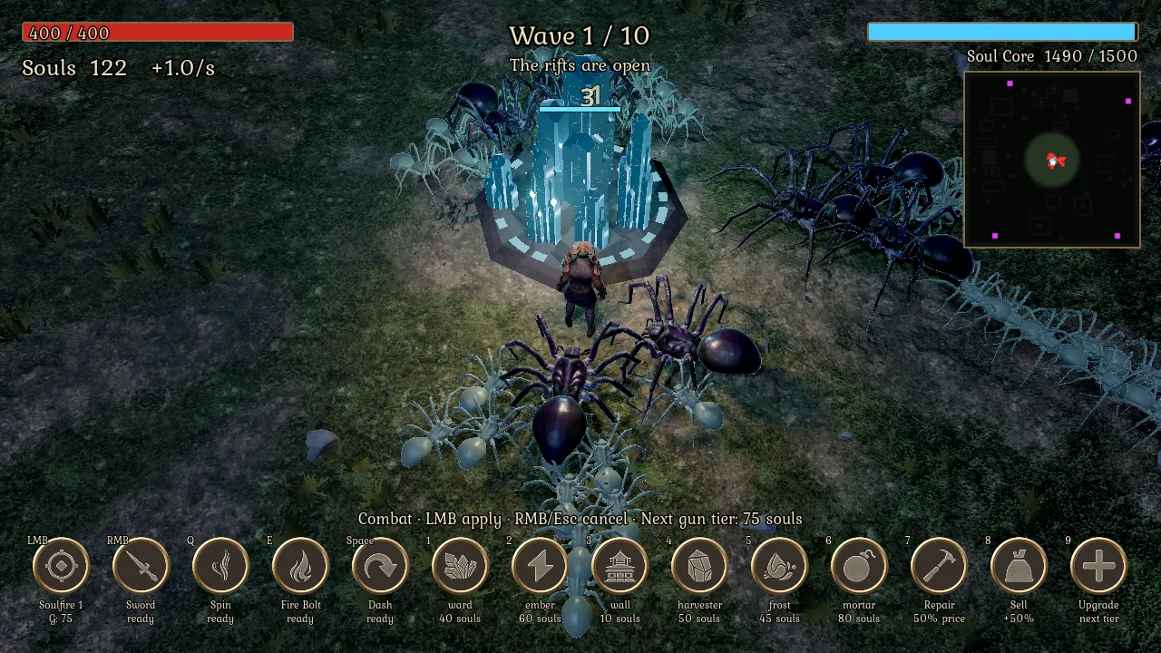 SoulRift: a hero stands at a glowing blue Soul Core as giant spiders and ants close in